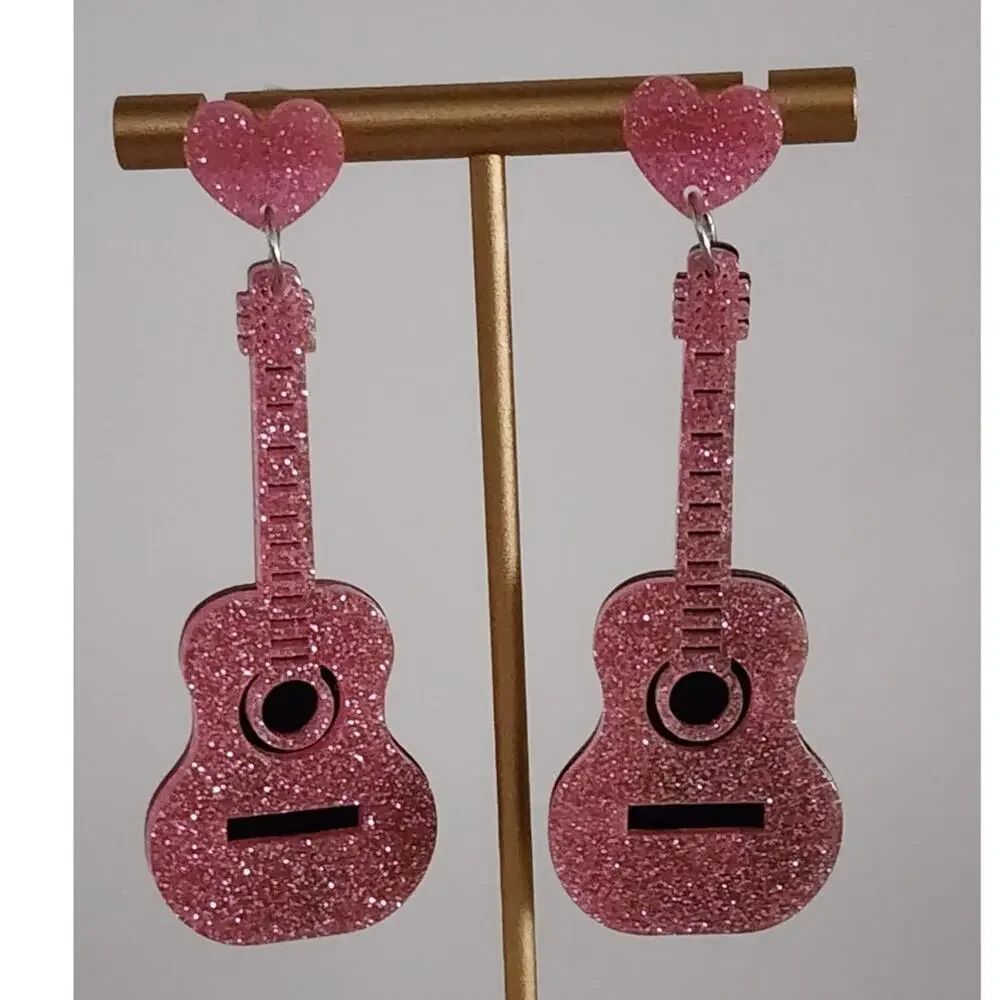 Pink Glitter Guitar Acrylic Earrings Cowgirl Sparkly Acoustic Dangle New